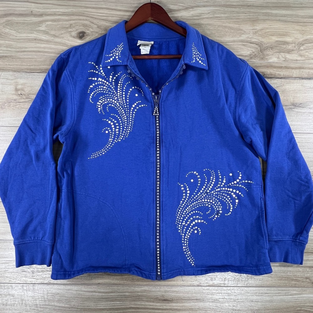 Distinct Women Royal Blue Rhinestone Embellished Full Zip Jacket XL